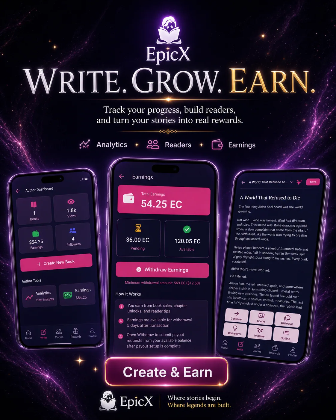 EpicX author tools showing writing, earnings, and story growth screens